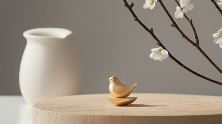 A beautiful minimalistic bird figurine sits on a smooth wooden surface, surrounded by delicate white blossoms and a ceramic jug, all bathed in soft natural light, creating a serene and elegant atmosphere suitable for modern home decor.の素材