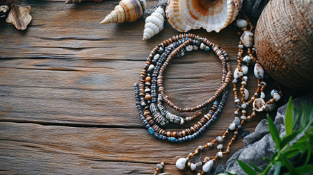 Beautiful arrangement of colorful beads and seashells on a wooden table creates an elegant, rustic vibe suitable for crafting and decoration.の素材