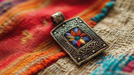 A stunning floral pendant beautifully crafted in silver, lying on a rich and textured embroidered fabric, showcasing vibrant colors and cultural art.の素材