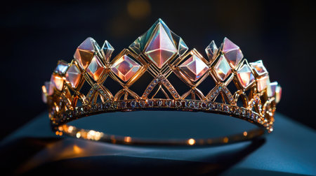 An exquisite crown featuring beautiful gemstones and diamonds, capturing light perfectly on a dark background, ideal for royalty and fashion visuals.の素材