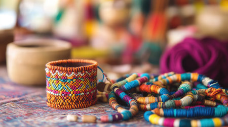 Discover the beauty of handcrafted beaded jewelry and traditional artisan crafts, showcasing vibrant colors, textures, and intricate designs at a local market.の素材