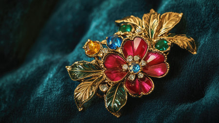 A stunning floral brooch featuring vibrant gemstones and intricate leafy designs, set against a luxurious plush fabric, perfect for showcasing elegance.の素材