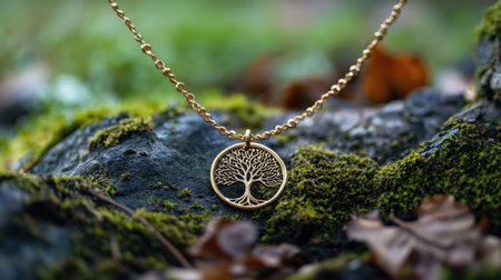This image features an elegant gold tree of life necklace resting on a moss-covered rock, surrounded by autumn leaves. The natural setting creates a serene atmosphere, highlighting the beauty and craftsmanship of the jewelry piece.の素材