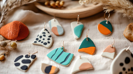 A beautiful assortment of handmade clay earrings rests on a soft fabric backdrop, showcasing vibrant colors and unique designs that enhance personal style.の素材