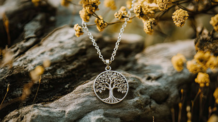 A stunning silver Tree of Life pendant necklace gracefully drapes over a textured stone, surrounded by vibrant yellow flowers, showcasing natural beauty.の素材