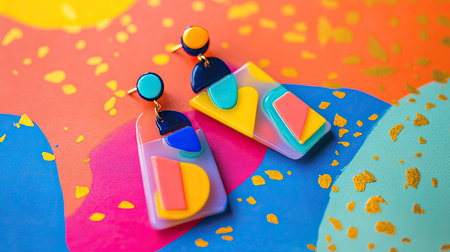 This striking image captures colorful geometric earrings displayed on a vibrant abstract background, showcasing their unique design and playful aesthetic.の素材