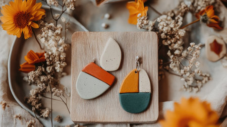 Stunning display of colorful handmade earrings placed on a wooden stand, surrounded by dried flowers and soft fabrics, creating a serene and artistic atmosphere.の素材