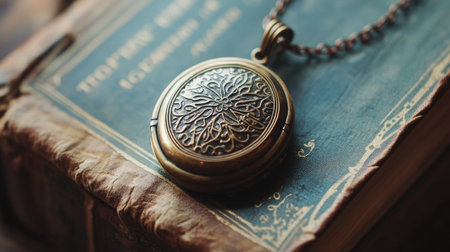 An exquisite vintage bronze locket rests on an old book, showcasing intricate ornamental design, evoking nostalgia and artistic elegance for inspired moments.の素材
