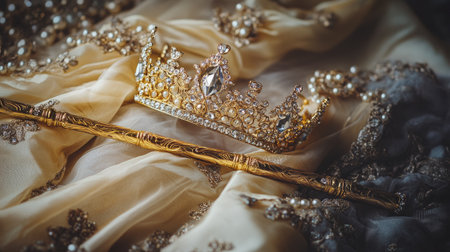An exquisite golden crown adorned with pearls and gems rests beside an ornate scepter on a luxurious fabric backdrop, representing elegance and royalty.の素材