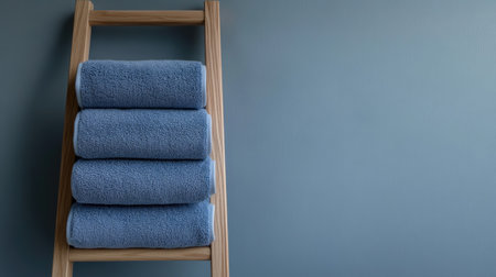 Discover a visually appealing arrangement of soft blue towels neatly stacked on a wooden ladder, creating a serene and stylish home aesthetic.の素材