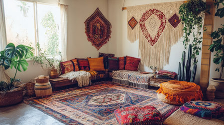 A cozy bohemian living room featuring colorful cushions, intricate wall hangings, green plants, and a vibrant patterned rug that creates a warm atmosphere.の素材