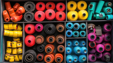 A captivating arrangement of brightly colored spools and threads in a wooden box, perfect for sewing enthusiasts and creative projects.の素材
