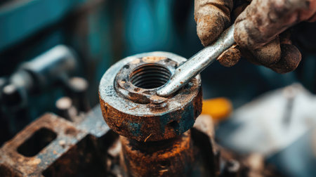 A close-up view of a hand gripping a wrench while working on a rusty bolt and nut, showcasing the intricate details of industrial repair and craftsmanship.の素材