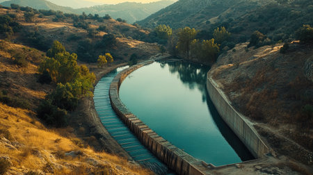 This captivating image showcases a winding reservoir gently nestled among rolling hills and green trees, reflecting natureの素材