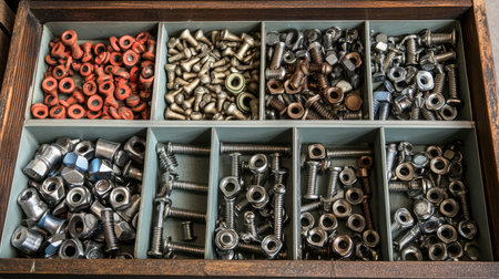 A neatly arranged collection of assorted metal hardware parts in a wooden organizer tray, featuring various sizes of nuts, bolts, screws, and washers. Ideal for workshops!の素材