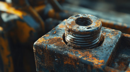 This detailed close-up image captures a rusty industrial bolt situated on machinery, showcasing vibrant orange rust and a rugged texture.の素材