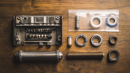 A diverse collection of mechanical parts including screws, bolts, and washers neatly arranged on a wooden surface, ideal for engineering and manufacturing projects.の素材