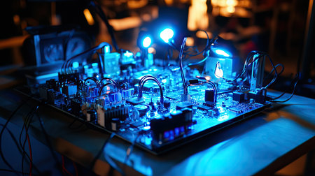 This image captures a detailed view of a circuit board illuminated by blue lights, showcasing the complexity and innovation of modern electronics in a lab environment.の素材