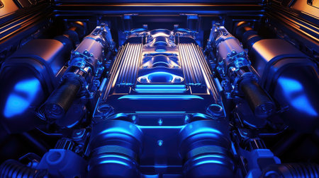 This stunning close-up of a high-performance engine showcases intricate details in a sleek and modern design, highlighted by captivating blue and silver accents.の素材