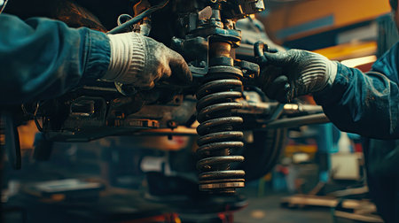 A mechanic focused on repairing a car's suspension in a well-equipped garage, showcasing the intricate work involved in auto maintenance.の素材