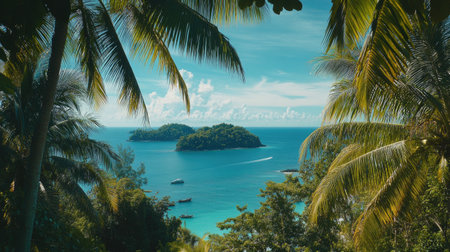 Experience the tranquility of a tropical paradise with lush palm trees, crystal clear waters, and an inviting island view under a radiant sky.の素材