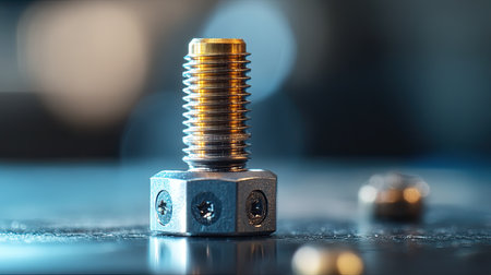 A detailed close-up image of a metallic bolt featuring a gold-plated head on a dark surface. The image showcases precision machining and industrial design elements.の素材