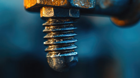 A macro photography shot highlights the intricate details of a rusty bolt, showcasing its threading and industrial texture against a blurred backdrop.の素材