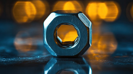 This close-up image features a metallic nut reflecting light with a glow effect in the background. The intricate details and textures are highlighted, making it ideal for industrial themes.の素材