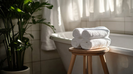 This serene bathroom setting features a stack of fresh, white towels on a stylish wooden stool beside a classic bathtub, adorned with a lush green plant.の素材
