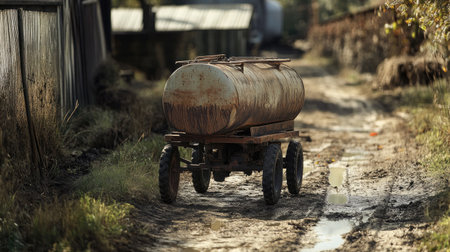 This image features a weathered metal tank cart situated on a muddy dirt path in an abandoned farm setting, showcasing nature's rustic charm.の素材