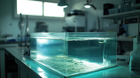A well-lit laboratory featuring a clear water tank, set on a sleek table, ideal for holding experiments and showcasing scientific research processes.の素材