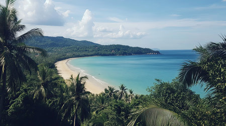 A breathtaking view of a tranquil coastline with turquoise waters, golden sand, and lush palm trees under a bright blue sky, perfect for relaxation.の素材