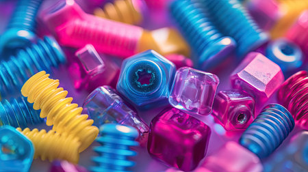 This vivid and playful image showcases a colorful assortment of plastic fasteners, highlighting vibrant shades of pink, blue, and yellow, perfect for creative inspiration.の素材