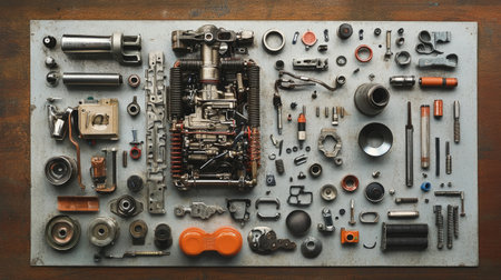 This image showcases an organized layout of various engine components arranged on a metal surface, perfect for mechanical and automotive design projects.の素材