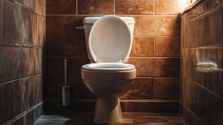 A pristine white toilet stands prominently in a stylish bathroom featuring rich brown tiles, illuminated by warm natural light for a welcoming ambiance.の素材
