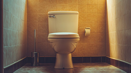 A minimalist bathroom scene highlighting a white toilet, surrounded by warm lighting and soft tiles, capturing a sense of cleanliness and comfort.の素材