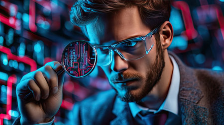 A focused young male analyst examines a circuit board with a magnifying glass, surrounded by a vibrant digital interface, showcasing innovation and technology.の素材