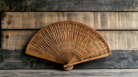 This image features a beautifully crafted bamboo fan, highlighting traditional craftsmanship against a rustic wooden backdrop that adds charm and warmth.の素材
