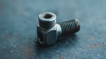 A close-up view of a metallic elbow fitting showcasing its worn surface and intricate details against a blue industrial backdrop. Perfect for mechanics.の素材