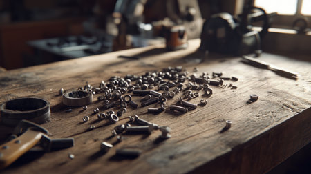 A cluttered wooden workbench in a workshop is covered with an assortment of metal fasteners, tools, and equipment, showcasing a busy and productive environment.の素材