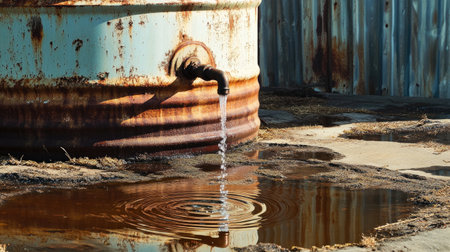 A rusty faucet drains water into a puddle on the cracked ground, showcasing an industrial environment with a weathered metal structure.の素材