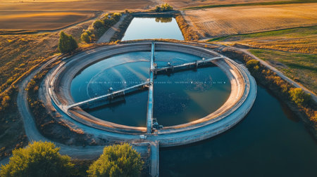 Stunning aerial image of a circular water treatment facility blending into the natural landscape, showcasing modern infrastructure amidst serene fields at sunset.の素材