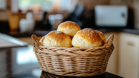 A charming display of freshly baked bread rolls arranged in a woven basket atop a kitchen counter, evoking warmth and comfort in home cooking.の素材