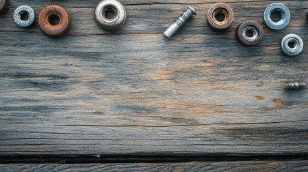 A collection of metal fasteners and washers arranged on a weathered wooden surface, showcasing various textures and colors ideal for industrial or DIY projects.の素材