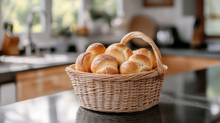 A beautiful woven basket filled with freshly baked bread rolls sits elegantly on a kitchen counter, showcasing a warm and inviting atmosphere perfect for any meal.の素材