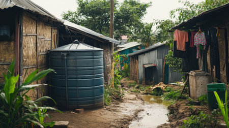 A charming view of a rural village alleyway featuring traditional homes, a large water tank, and vibrant greenery, showcasing a serene lifestyle.の素材