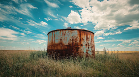 A weathered rusty storage tank stands alone in a field of lush green grass, contrasting beautifully with the vibrant blue sky and fluffy white clouds above.の素材
