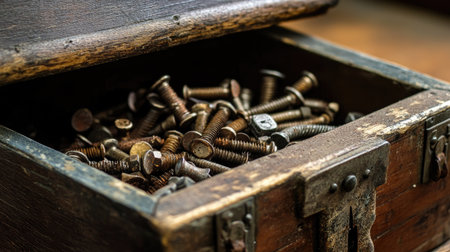 This image showcases a vintage wooden chest overflowing with assorted metal screws and fasteners, highlighting the charm of rustic workshop aesthetics.の素材