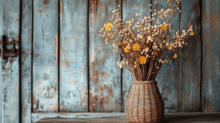 This captivating image showcases a rustic flower arrangement in a vintage vase against a textured wooden background, adding warmth and charm to any interior space.の素材
