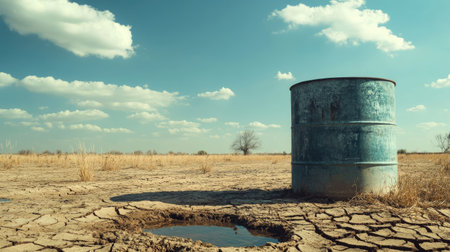 A vintage metal barrel stands alone on dry cracked earth, surrounded by sparse yellow grass and a hint of water under a clear blue sky, evoking themes of abandonment.の素材